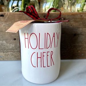 Rae Dunn•NWT•’Log Fire’ Scented Jar Candle•White Satin with Red “Holiday Cheer”